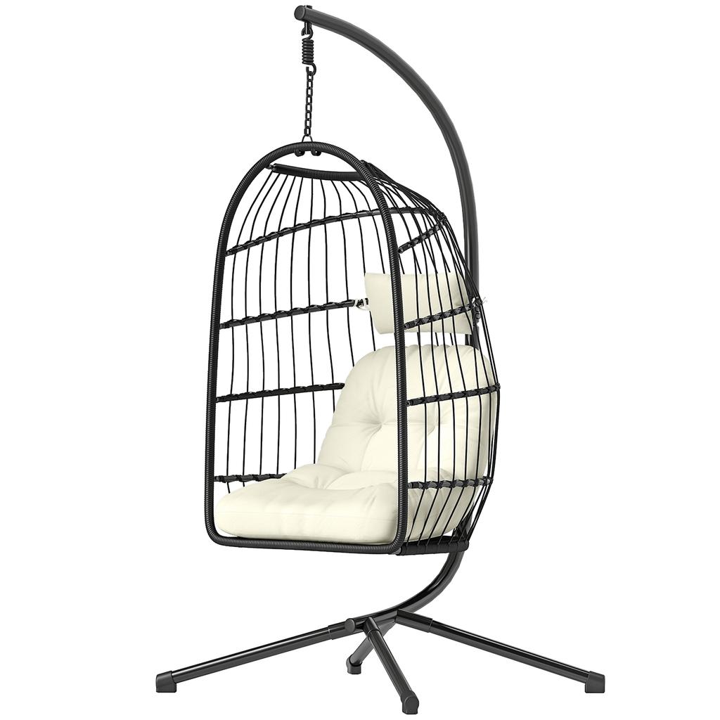 Hanging Egg Chair, Indoor Outdoor Hammock Swing Chair with Stand, Safety Strap, Foldable Basket, Black/Cream White