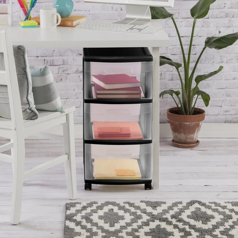 3 Drawer Plastic Storage Cart with Clear Drawers Rolling Organizer Bedroom Kitchen Bathroom Craft Room Portable Storage Solution