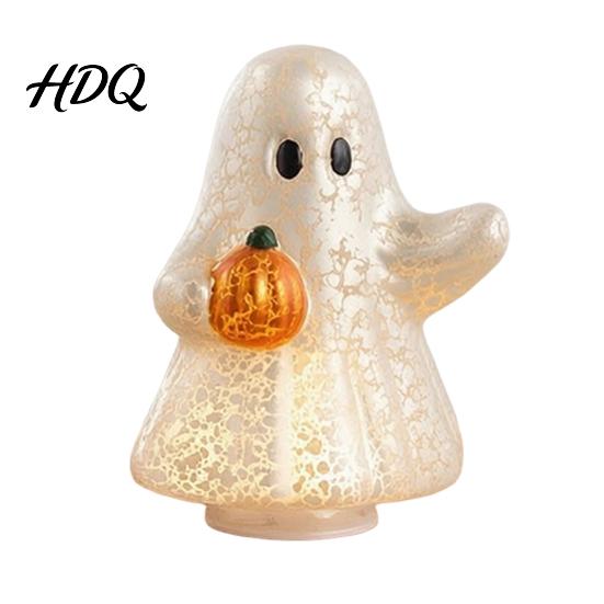 Decorative Figurine for Living Room Light-Up Cute Ghost Resin Figurine Glowing Desktop Ornament Warm LED Luminous Light Halloween Statue Bedroom