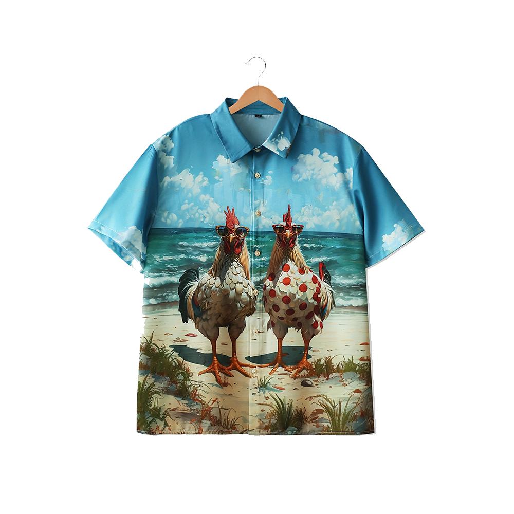 Summer Funny Beach Vacation Chicken Print Men's Short Sleeve Shirt Hawaiian Seaside Vacation Wear Oversized Men's Shirts Top