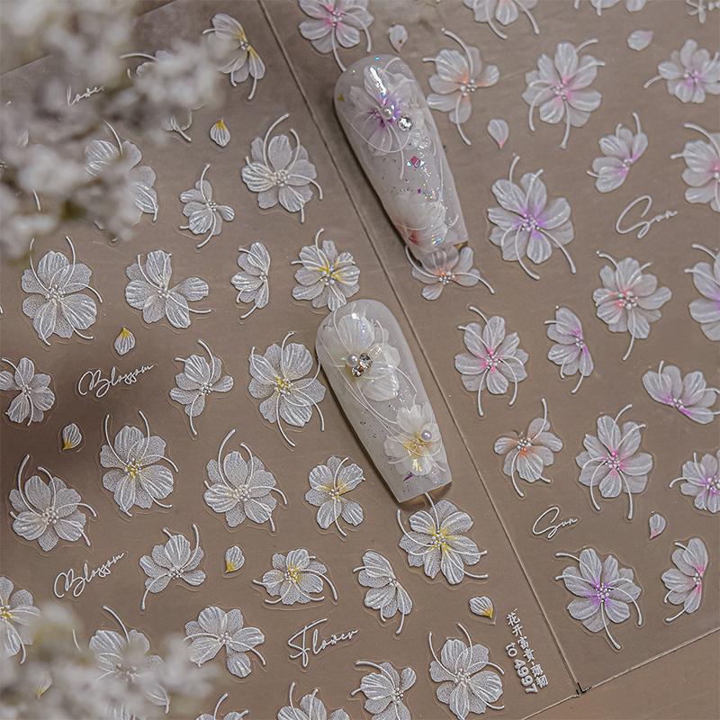 Körsbärsblommor Sakura Vår 5D Nageldekorationsklistermärke Guldstämpling Mjukt Lim Reliefklistermärke Chic Manikyrdekaler