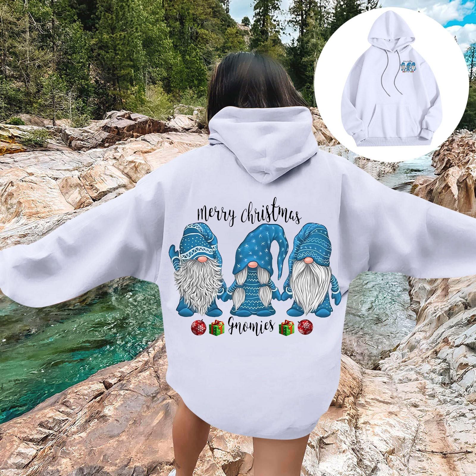 

Женская мода повседневный свободный рождественский мелкий принт топ с капюшоном на шнурке XL белый