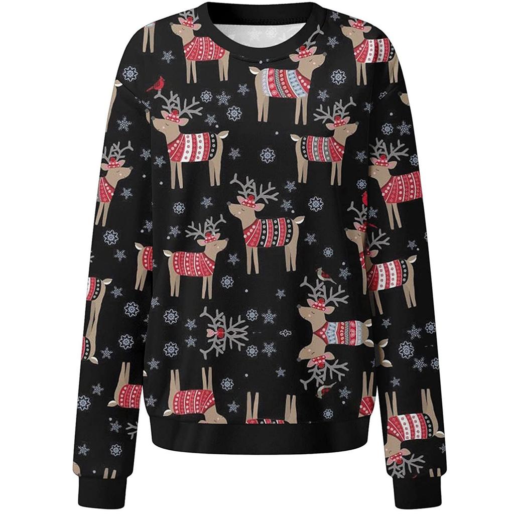 Fashion Women Christmas Print Party Round Neck Long Sleeve Socket Head Tops