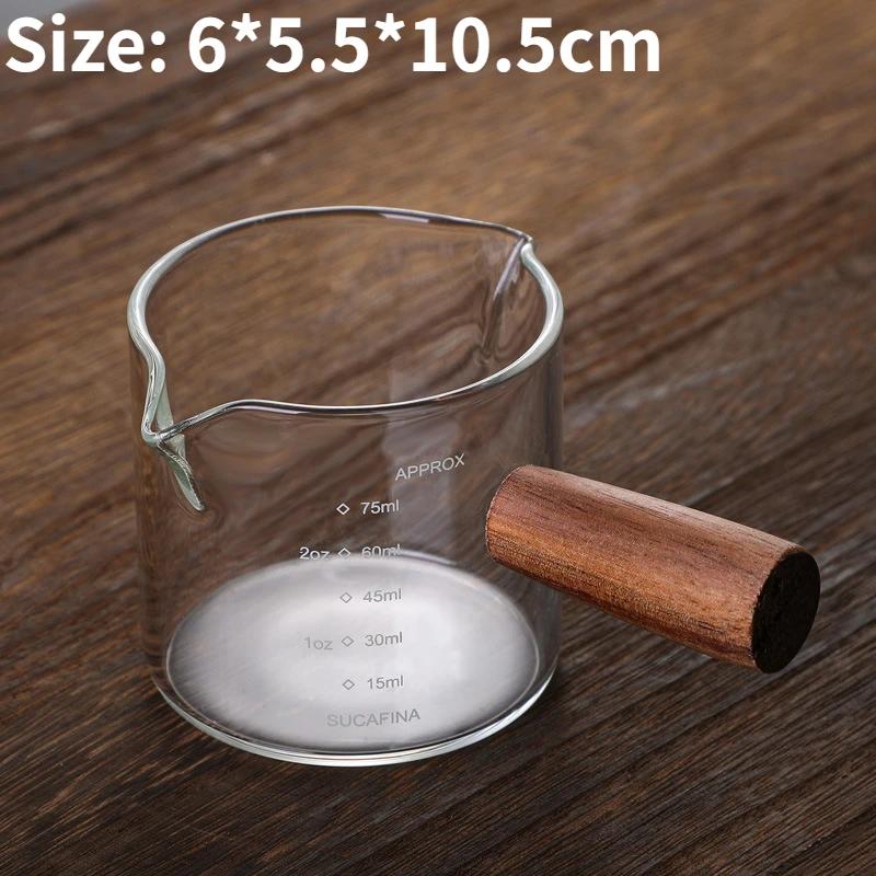 50/75/100ML Wooden Handle Glass Espresso Measuring Cup Double/Single Mouth Milk Latte Jug Coffee Supplies Kitchen Mug Drinkware