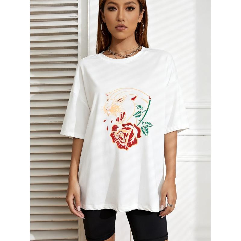 White Oversized T Shirt With Rose And Abstract Design For Casual Wear