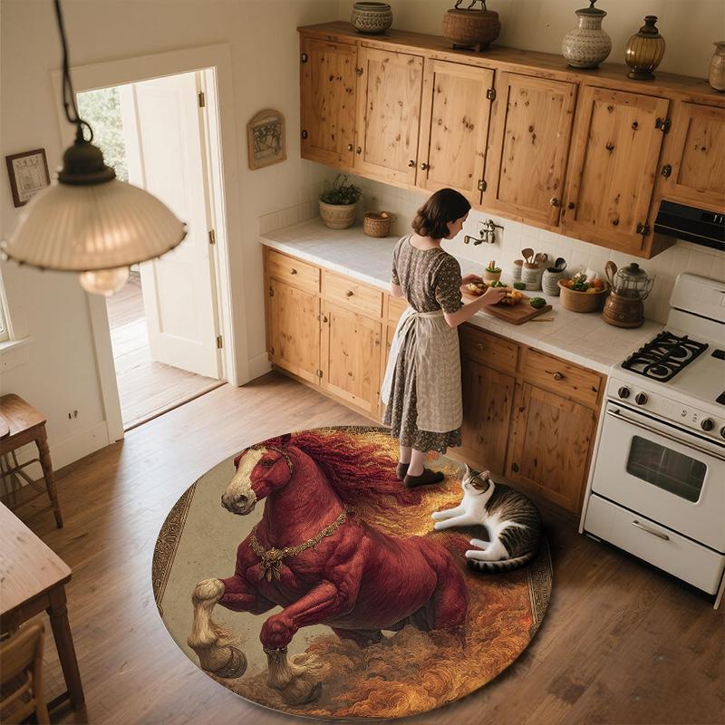 Red Horse,Round Area Rug,Carpet Rug for Living Room Bedroom Sofa Playroom Decor,Non-slip Floor Mat