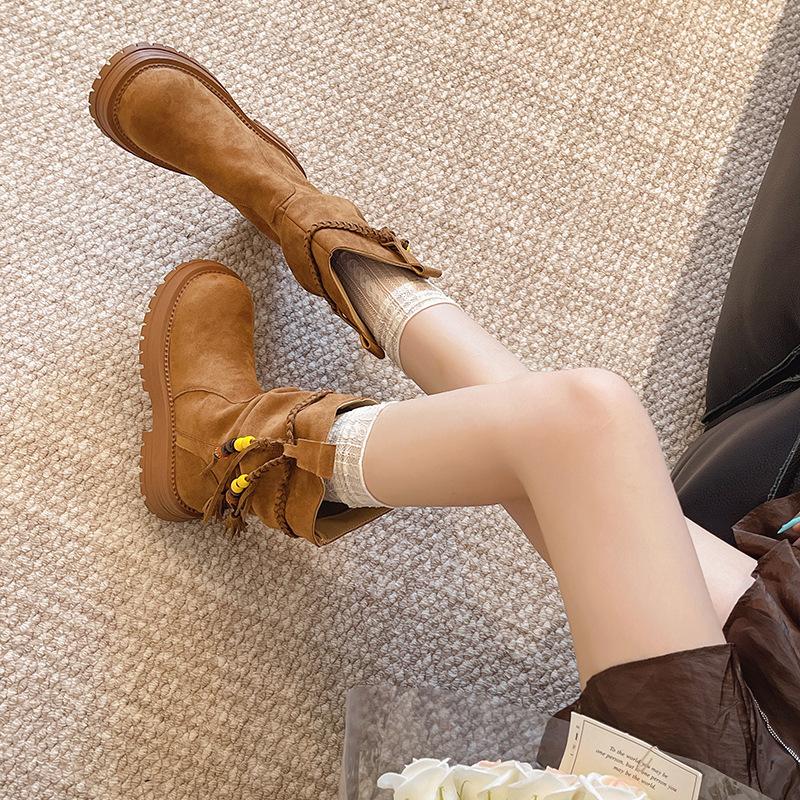 Maillard Western Cowboy Boots Pile Boots Women's 2025 New Autumn and Winter Thick-soled Martin Boots Wasteland Fringed Short Boots