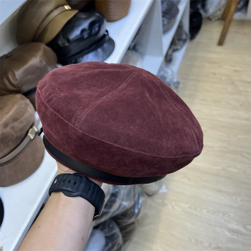 Autumn and Winter Belt Splicing Polished PU Leather Flat Top Hat Women's Niche Short Cover All-match Crooked Trendy Hat