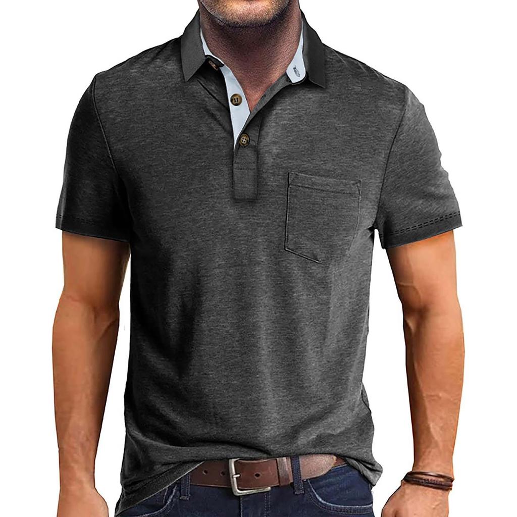 T-shirt estiva da uomo tinta unita con colletto aperto a 3 bottoni e top a maniche corte con bottoni
