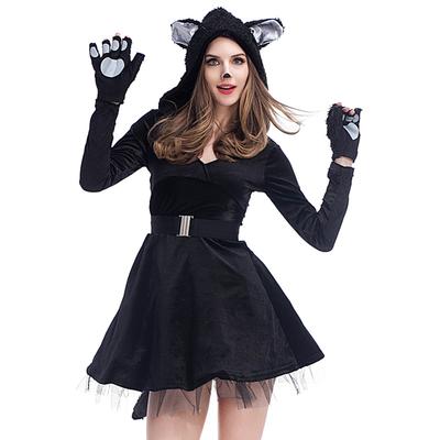 Volwassen Dames Dieren Zwarte Kat Jurk Handschoen Sets Halloween Rollenspel Verkleed Cosplay Kostuum