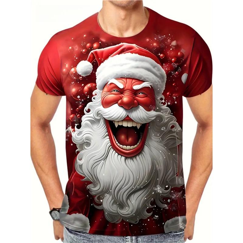 Świąteczny T-shirt z nadrukiem 3D Świętego Mikołaja dla mężczyzn, casualowy T-shirt z krótkim rękawem, modny top z okrągłym dekoltem, prezent na Nowy Rok, T-shirt oversize