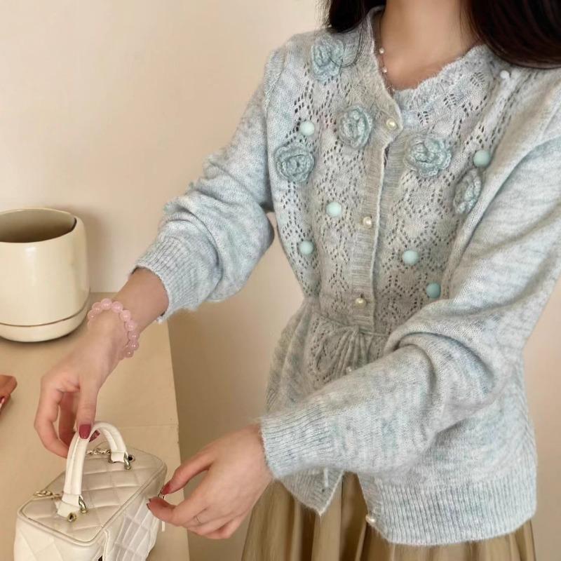 Heavy industry three-dimensional flower knitted cardigan autumn and winter new crochet hollow waist thin sweater jacket top