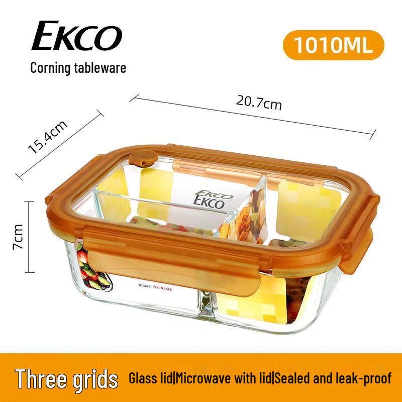 EKCO Corning 1010ml Square 3-Compartment Glass Food Container