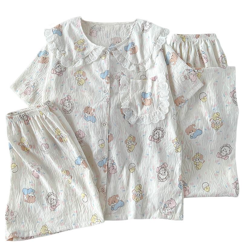 Doll Collar Lace Mikko Pajamas Women'S Summer Cloud Cotton Loungewear Short Sleeve Three-Piece Set