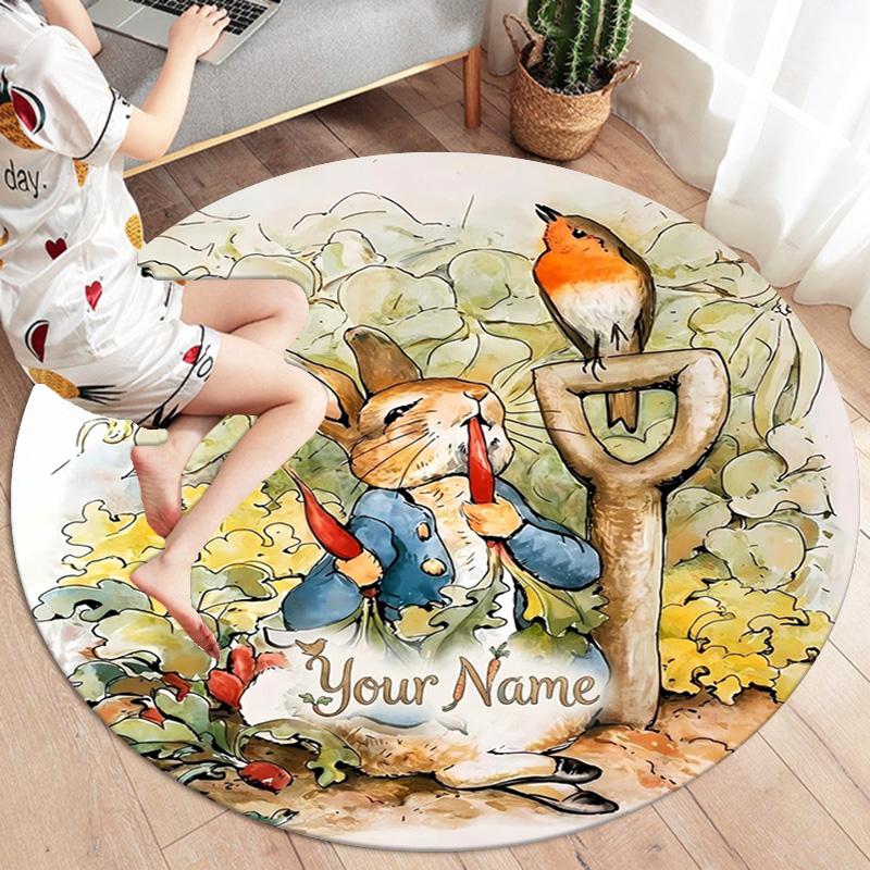Easter Bunny Picnic Custom Name Round Area Rug Carpet Rug For Living Room Bedroom Sofa Playroom Decor Nonslip Floor Mat