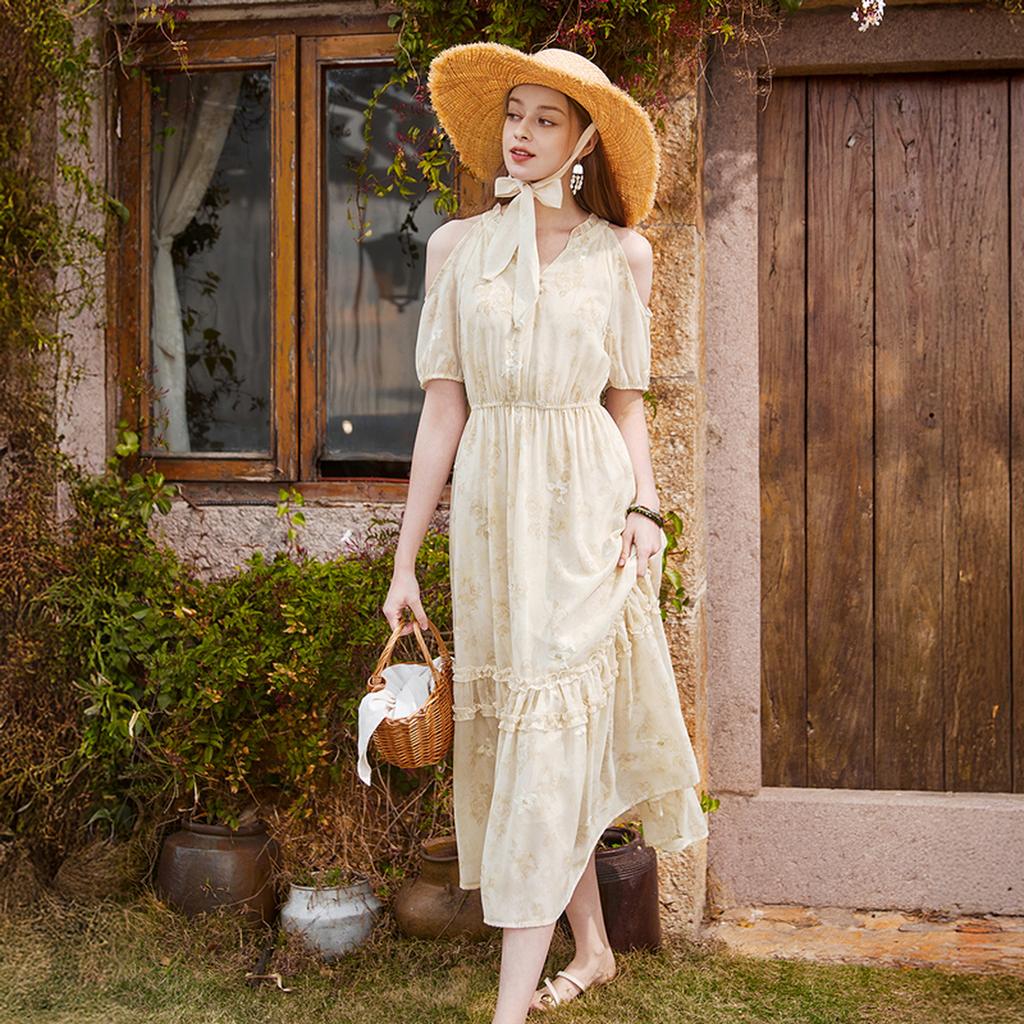 Fragrant Chiffon Floral Dress with Women's Drape In 2026 Summer New Style Off Shoulder V-neck Vacation Style Waist Cinched Mid Length Skirt