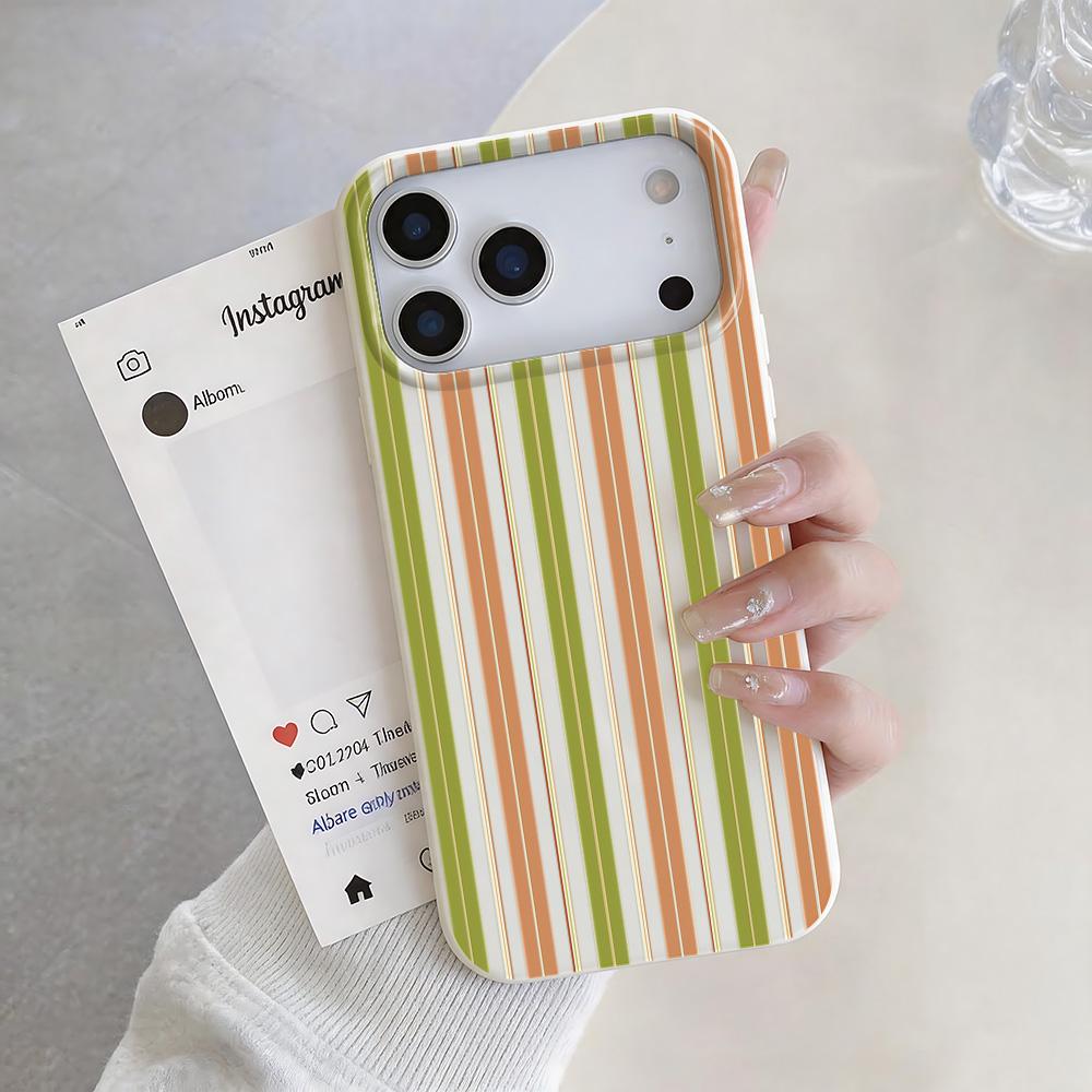 Orange-Green Vertical Stripe Soft Silicone Case For Iphone 11 12 13 14 15 Plus 16 17 Pro Max Shockproof Protective Cover