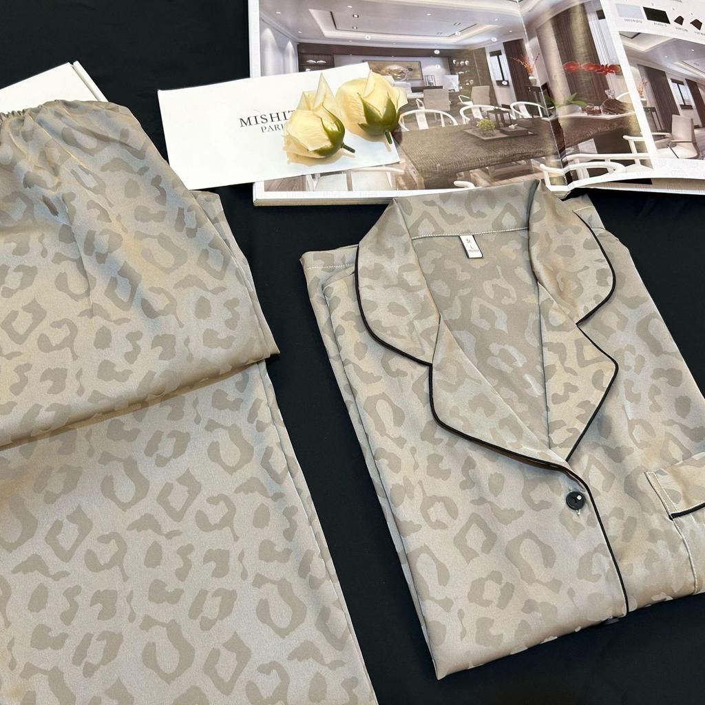 Leopard Print Jacquard Ice Silk Unisex Pajama Set - Long Sleeve Imitation Silk Homewear