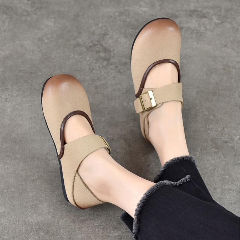 Johnature Retro Genuine Leather Soft Soled Shallow Women's Shoes Versatile Belt Buckle Round Toe Flat Shoes