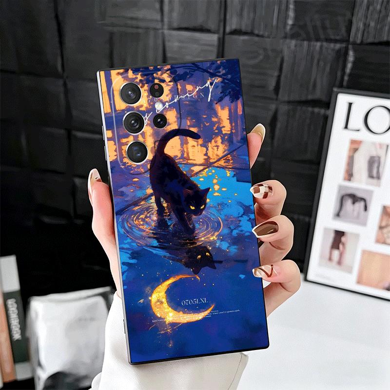 Night Moon Cat Dreamy Art Soft Phone Case for Samsung Galaxy S26 S25 Edge S24 Ultra S23 Plus S22 S21 FE S20 Black Cover Back She