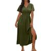 Sexy V Neck Wrap Waist Maxi Dress Women Summer Long Dress A Line Side Slit Solid Color Casual Comfortable Sleeve Fashion