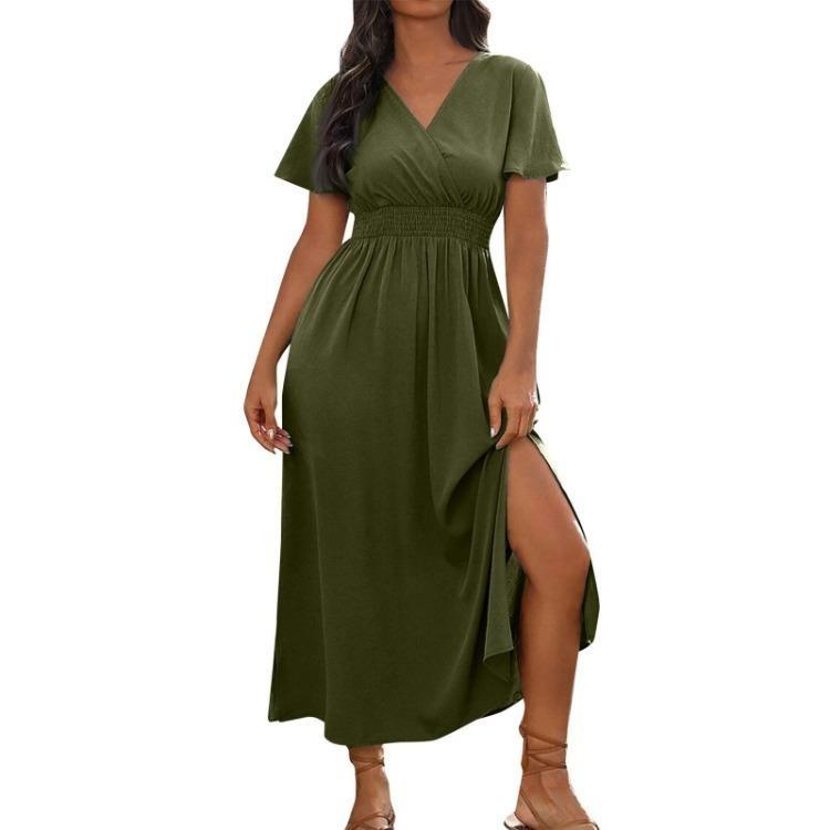 Sexy V Neck Wrap Waist Maxi Dress Women Summer Long Dress A Line Side Slit Solid Color Casual Comfortable Sleeve Fashion