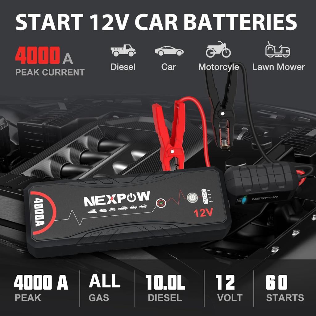 Car Jump Starter 4000A, Portable 12V Battery Booster for Gas & Diesel Engines up to 10.0L, with LED Light & USB QC3.0