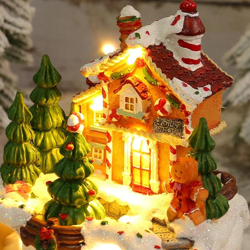 Christmas Music Box Snow House Ornaments with LED Light Resin Rotating Music Figurines Home Christmas Decorations New Year Gift