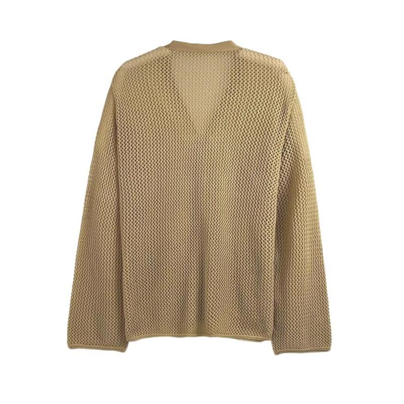 Womens Loose Knit Cardigan Sweater With V-Neck Crochet Detail 2025 Streetwear Style Yellow-Ochre