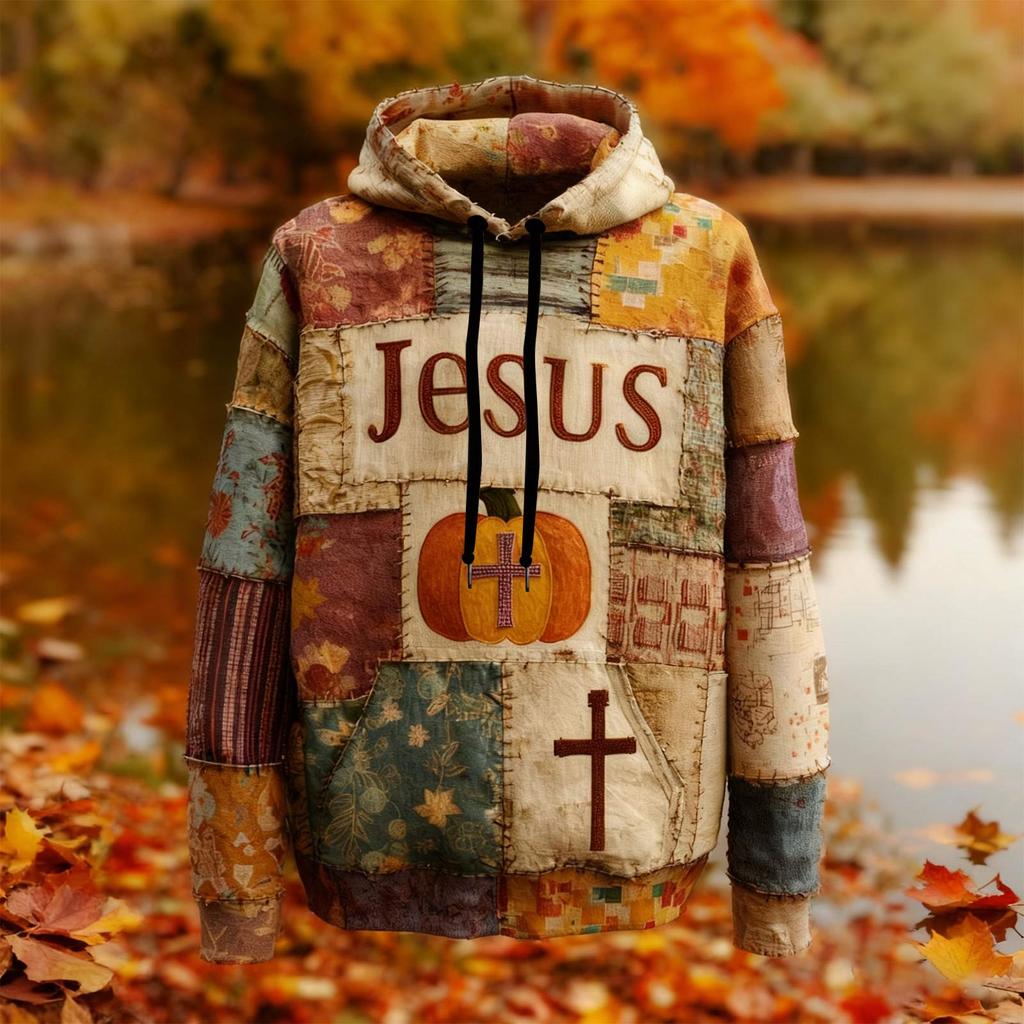 Men's Retro Casual Cross Art Print Oversized Drop-Shoulder Pockets Hoodie