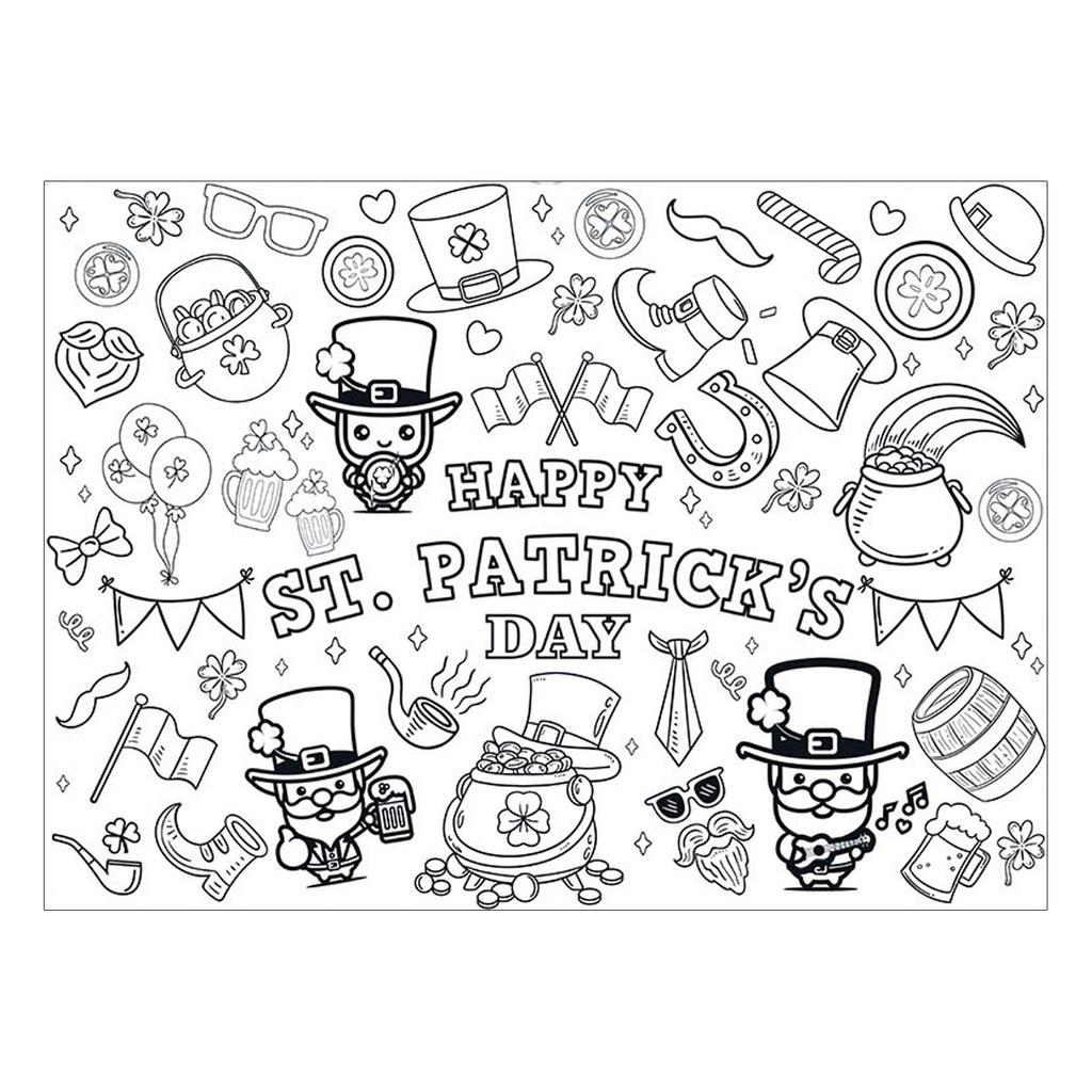 St. Patrick Coloring Poster. Happy St. Patrick Coloring Tablecloth With Design For St. Patrick's Day Crafts School Activities Party Decorations