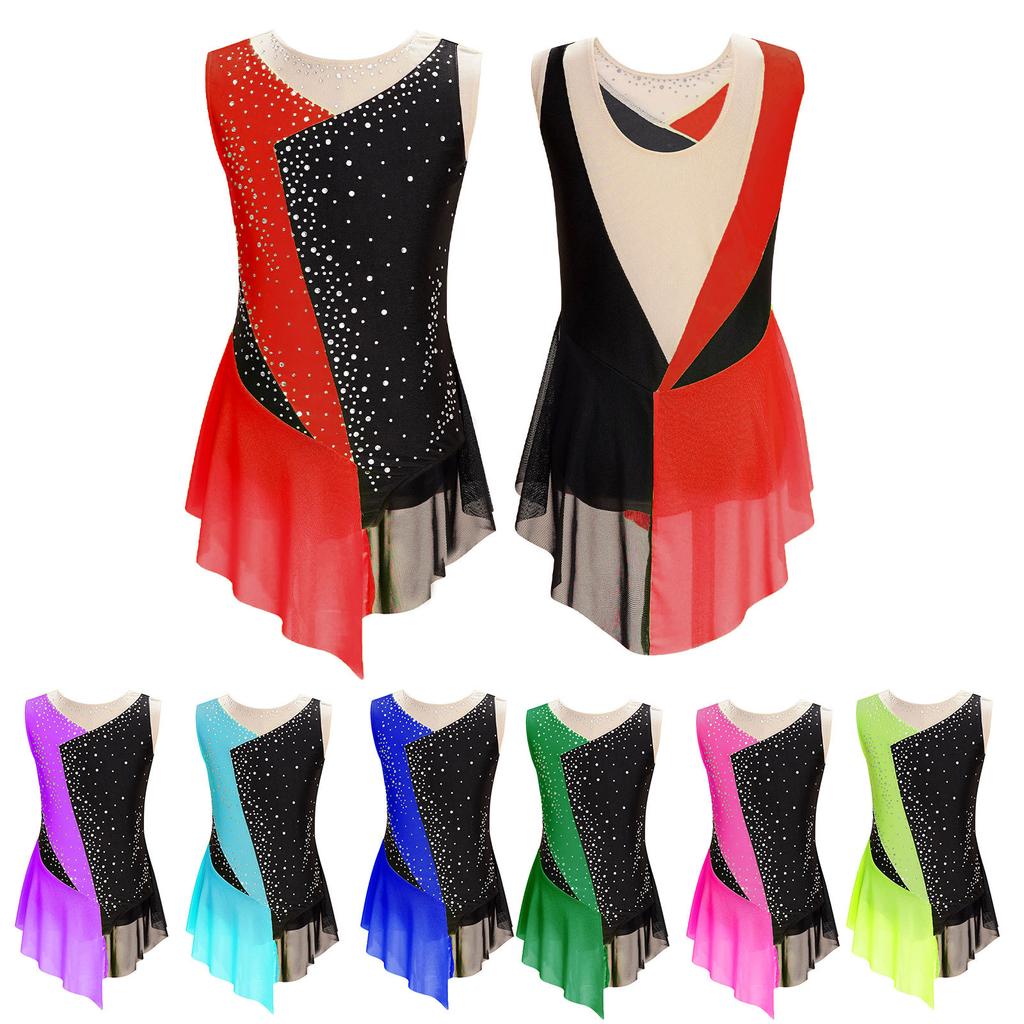 Barn Jenter Ermeløse skinnende rhinestone-dekor Fargeblokk Gymnastikk Dans Skating Leotard