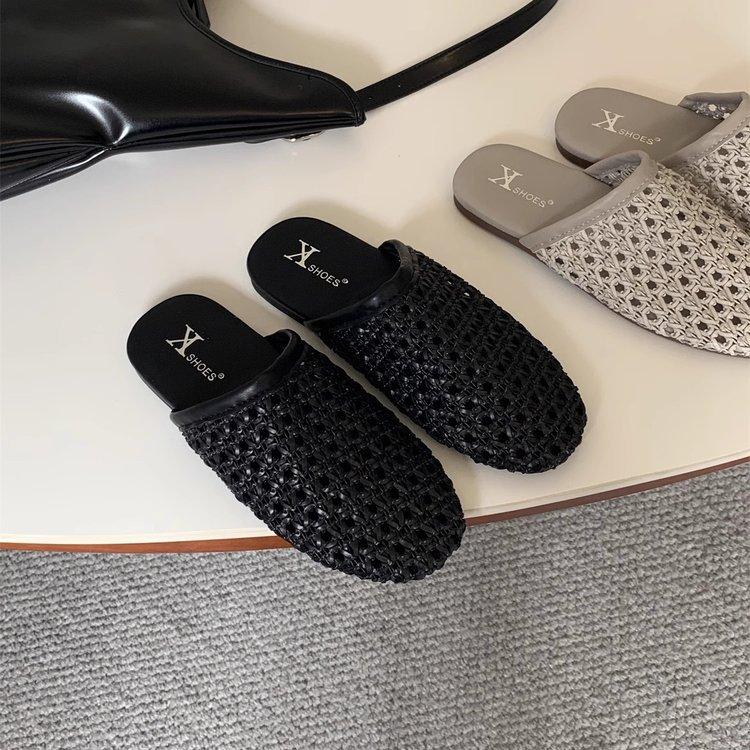 New Retro Simple Flat Bottom One-word Bag Head Drag Half Drag Comfortable Weaving Breathable Outside Wearing Mueller Sandals Fairy Style