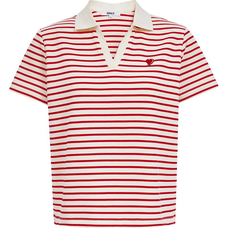 ONLY Women's Heart Embroidered Striped Lapel T-shirt