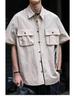 Men's Japanese Style Solid Color Short-Sleeve Workwear Shirt with Large Pocket