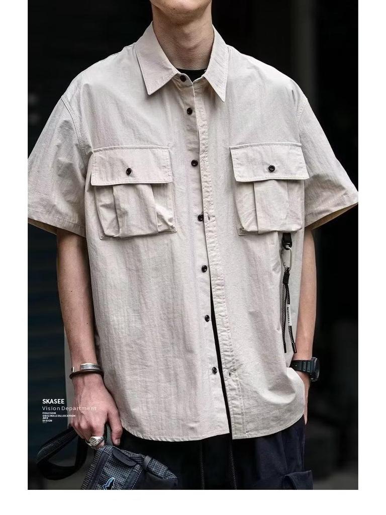 Men's Japanese Style Solid Color Short-Sleeve Workwear Shirt with Large Pocket