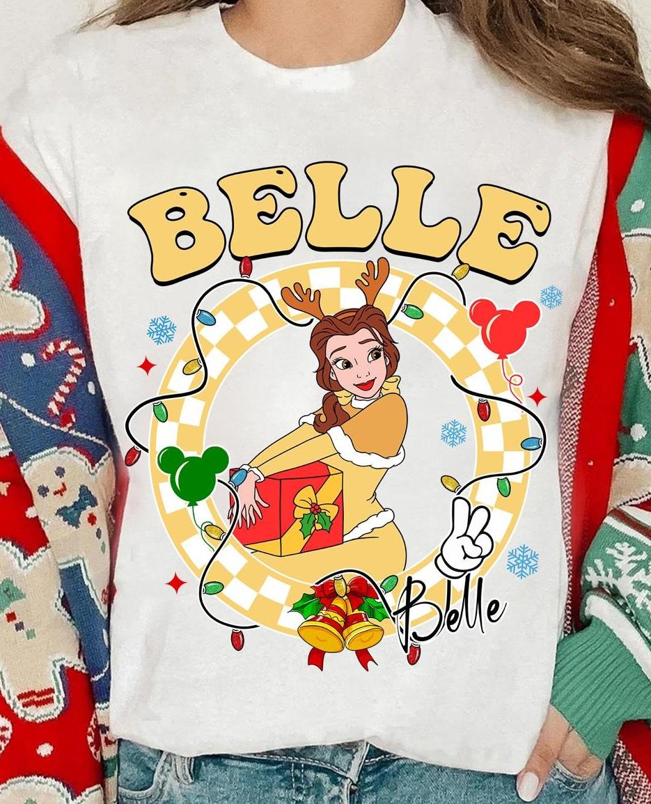 Princess Christmas Lights Checkered Portrait Tshirt Ariel Elsa Moana Jasmine Merida Xmas Tee Princess Xmas S