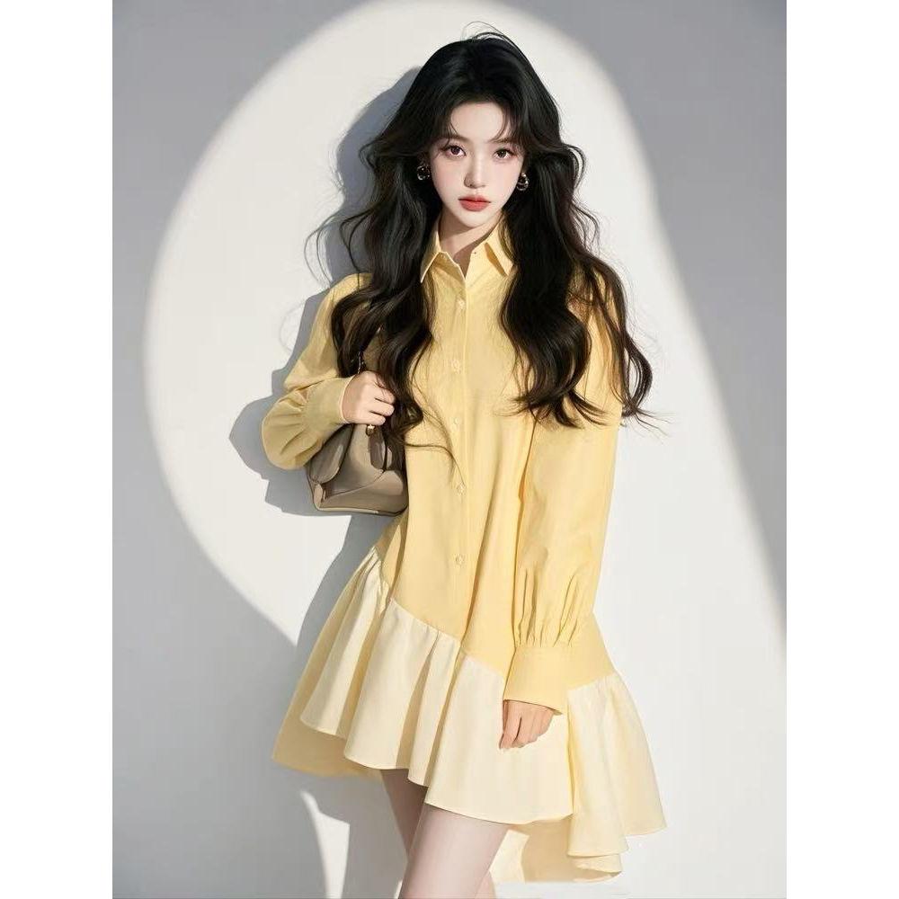 Irregular Design Lazy Style Yellow Patchwork Dress 2025 Spring Popular Temperament Skirt