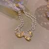 Pearl Neck Chain Trendy Short Bow Necklace Female Summer Light Luxury Fairy Gas Colored Diamond Collarbone Chain
