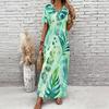 Women Plus Size V Neck Short Sleeve Green Blue Printed Straight Long Dress