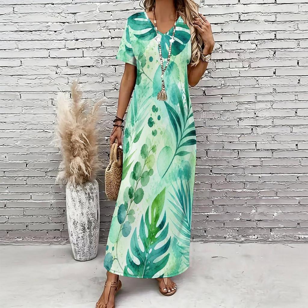 Women Plus Size V Neck Short Sleeve Green Blue Printed Straight Long Dress