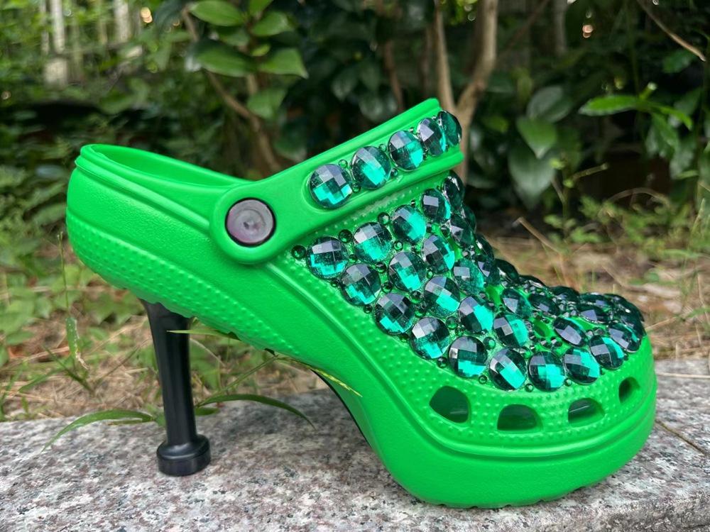 Fashion Designer High Heel Rhinestone Hollow Hole Hole Shoes Pearl Colored Diamond Fashionable Lazy Slippers Green Size 41 Women's Shoes