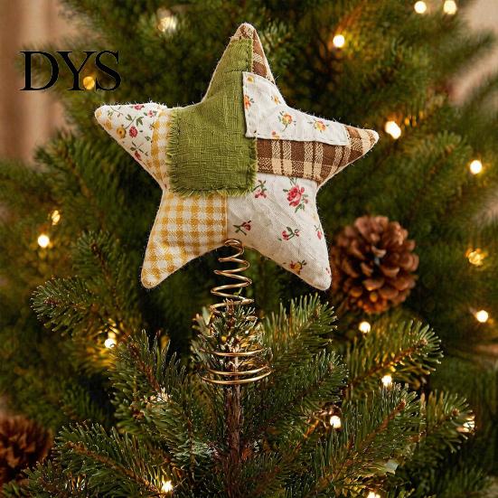 Plush Star Decor Christmas Tree Topper, Patchwork Stuffed Xmas Retro Pastoral Ornament for Winter Holiday Party Home Handmade Cloth Topper