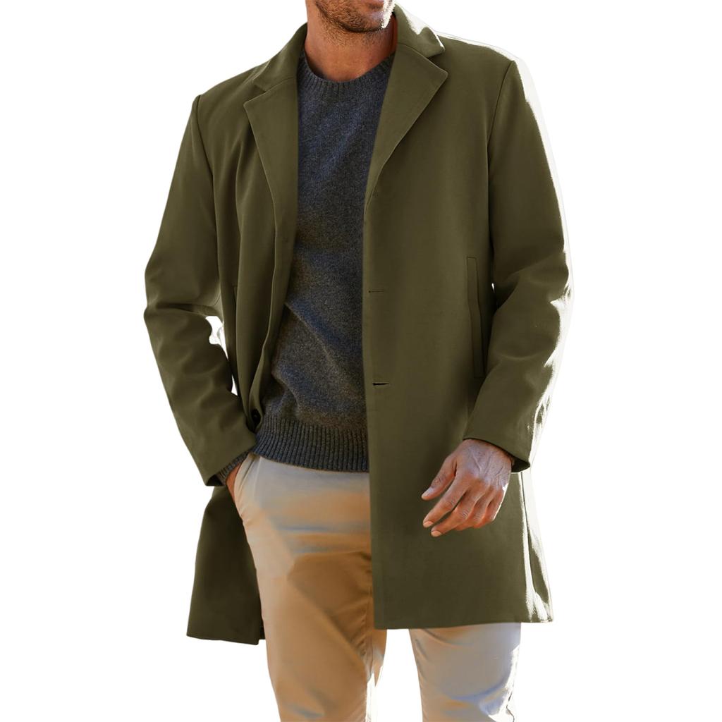 Trench Coat Men Wool Blend Coat Notched Collar Single Breasted Overcoat Business Casual Winter Jacket With Pockets
