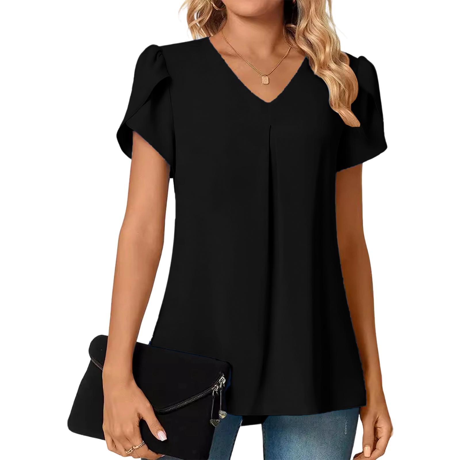 Women s Fashion Casual V-neck Sleeve Short-sleeve Blouse XXL чёрный