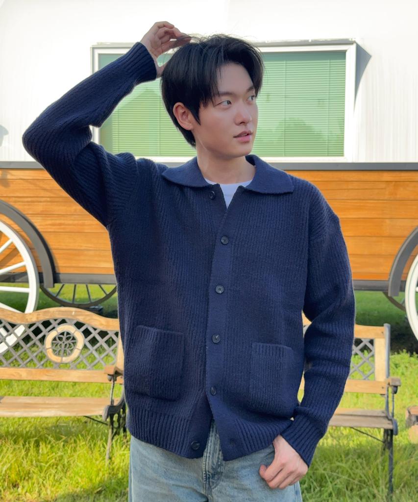 Blond9 Button Collar Knit Cardigan_Navy