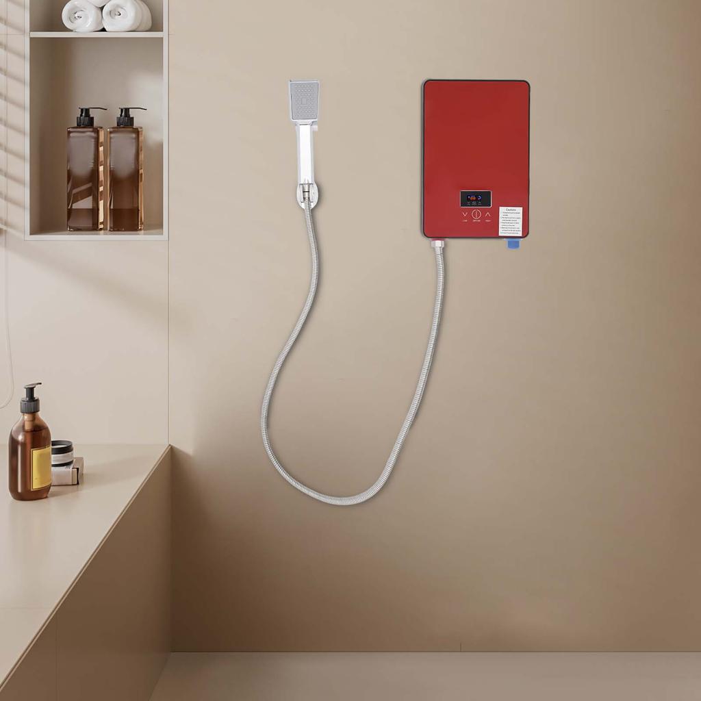 6500W Tempered Glass Tankless Water Heater,220V Red Rectangular Electric Water Heater Wall-mounted for Kitchens,Bathrooms