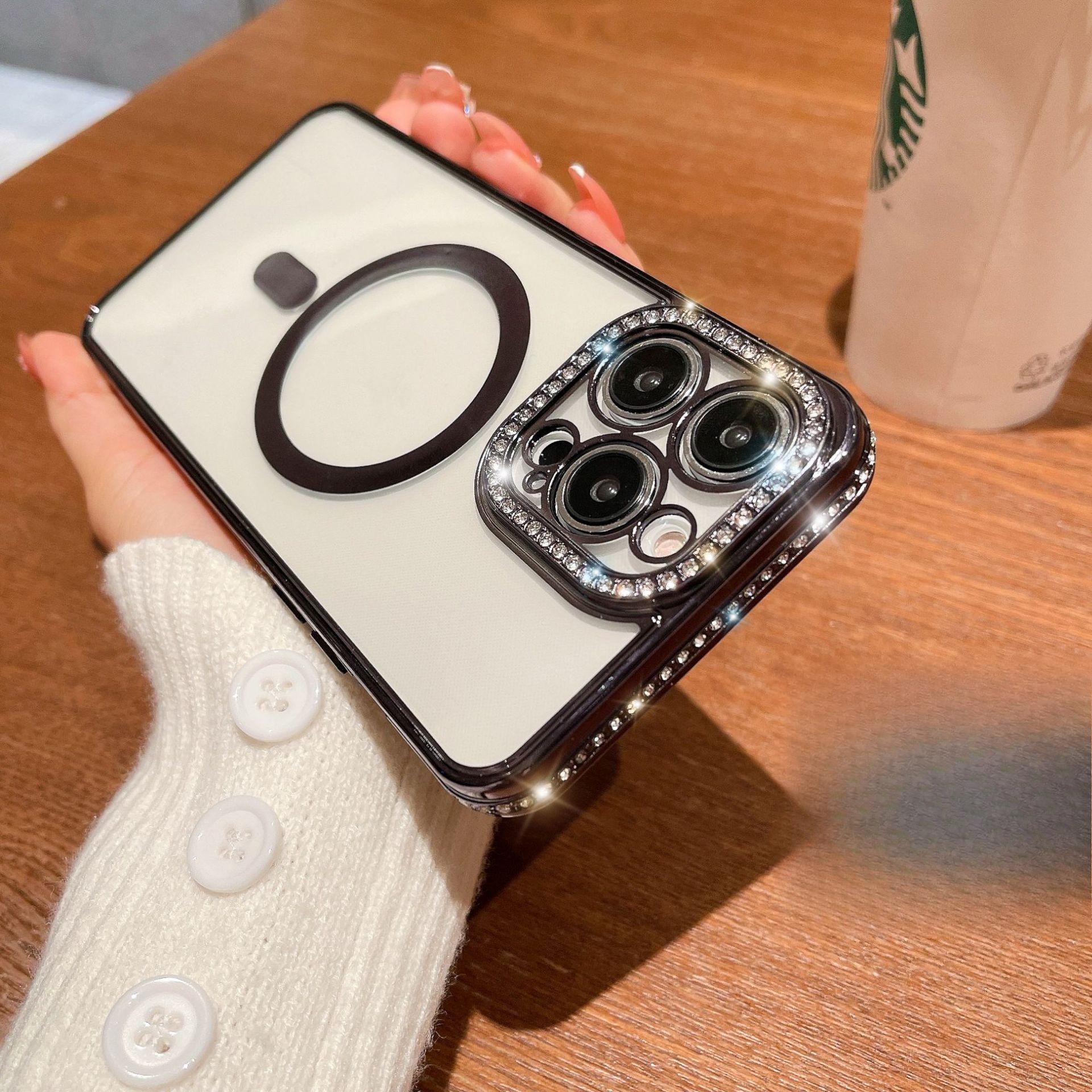 

Подходит для iPhone15 Магнитный чехол для телефона MagSafe, Водяной бриллиант для женщин, Apple 14pro Противоударный 13 Защитный чехол 12 iPhone14 чёрный