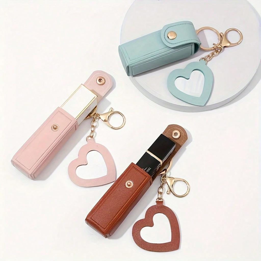 Solid Color Long Lipstick Makeup Bag + Heart-Shaped Small Mirror Pendant] Lipstick Storage Tool, Mini Lip Balm Organizer