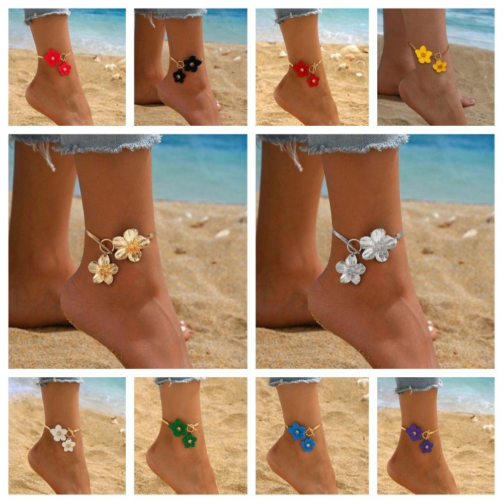 Golden Oil-Dripped Foot Chain Adjustable Beach Jewelry Simple Flower Pendant Anklet Summer